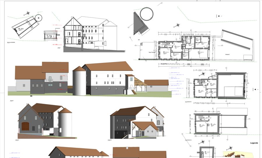 Bestandsplan eines Mühlenanwesens mit Grundrissen, Ansichten, Schnitten und Lageplan
